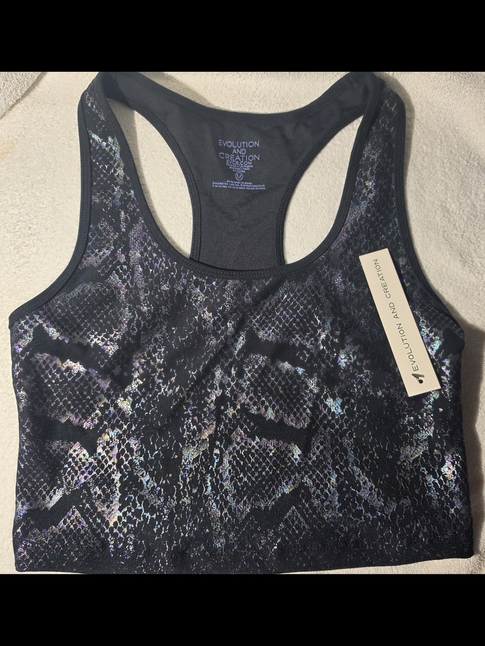 Evolution and Creation Black Holographic Snake-Print Sports Bra